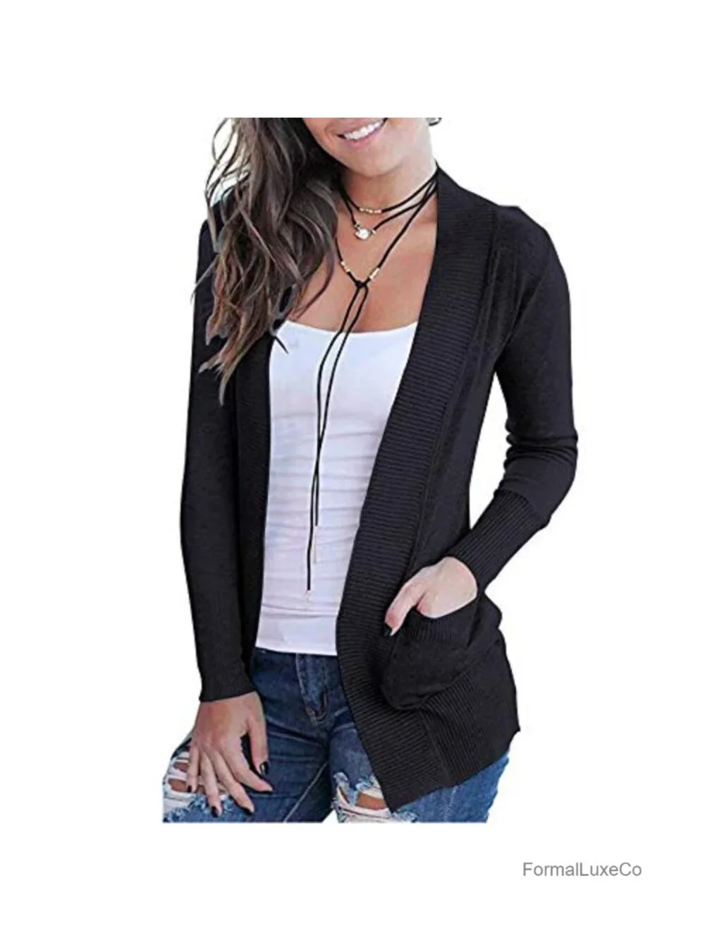 Women's Cardigan Sweater Open Front Long Sleeve with Pockets Shawl Collar Ribbed